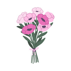 Pink flowers bunch bouquet flat style vector illustration. Poppy, peony or anemone romantic floral gift.
