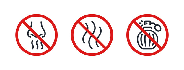 Anti bad smell, odor control, fragrance free editable stroke outline icons set isolated on white background flat vector illustration. Pixel perfect. 64 x 64.