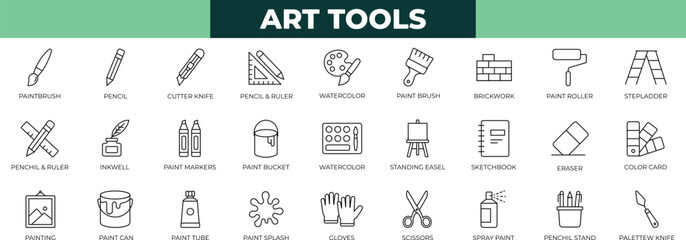 Paint art tools - thin line icon set.Rruler, scissors, vignetting, sketchbook, stationery, tool, tube, vector, watercolor icon collection.