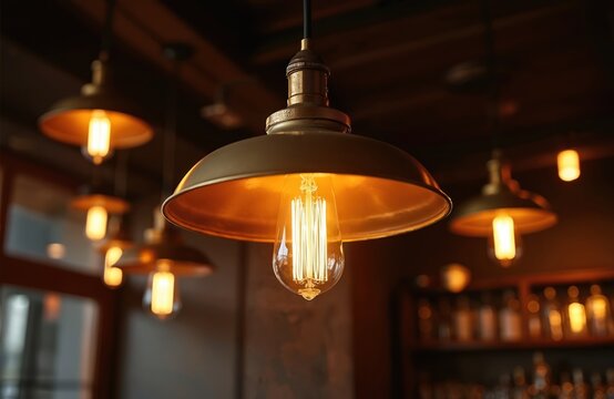 Retro light bulbs glow creating warm atmosphere. Decorative edison lamps hang from ceiling indoors. Stylish design with glowing tungsten filaments illuminates a restaurant interior with vintage look.