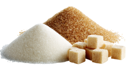 Pile of white sugar brown sugar and sugar cubes isolated on transparent background