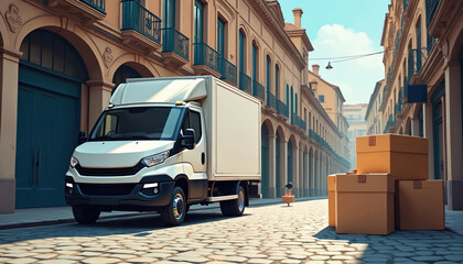 White delivery van parked on cobblestone street near stack of cardboard boxes. Delivery person figure stands on small box in distance. Buildings with arched windows line city road. Urban logistics,