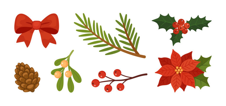 Christmas decorations set. Flat vector style. red bow, spruce branch, holly, pine cone, mistletoe, berries, and poinsettia. For holiday cards, packaging, festive design projects. Vector illustration