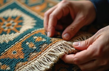 Hands examine detailed woven carpet edge. Closeup view of artisan checking rug fabric texture threads and patterns. Traditional handicraft for home decor.