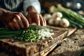 macro shot of chef’s hands cutting green onions with a sharp knife on a rustic wooden board, slices mid-motion, crisp textures of vegetables and steel, bright natural light from window,