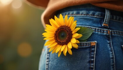 Sunflower rests in jean back pocket. A vibrant yellow bloom adds a touch of nature to casual denim wear. This simple image represents warmth and organic beauty within everyday style.