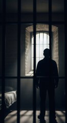 Silhouette of a man in a prison cell looking out a barred window, symbolizing confinement and despair. Concept of justice and incarceration.