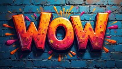 Naklejka premium Bold graffiti letters spell WOW with spray paint splashes on blue brick wall. Colorful urban art expresses excitement, amazement. This vibrant design is perfect for advertising or creative projects.