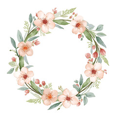 A delicate watercolor floral wreath featuring soft pink flowers and green leaves arranged in a circular pattern, set against a white background. The design presents a light, airy feel with pastel tone
