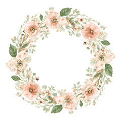 A delicate watercolor floral wreath featuring soft pink flowers and green leaves arranged in a circular pattern, set against a white background. The design presents a light, airy feel with pastel tone