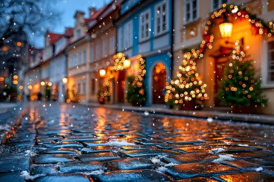 Preparativos navideños en una calle encantadora durante la celebración del nuevo año y la Navidad
