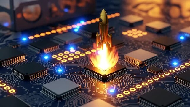 CPU Performance Boost: Rocket Launch on Circuit Board | Tech Innovation & Overclocking Concept 4K