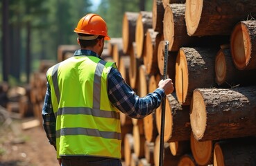 Forest engineer measures pile of cut tree logs. Worker in helmet and safety vest checks timber stack after harvesting. Pro logging industry man works with wood.