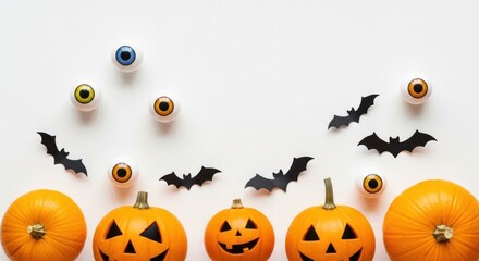 Halloween pumpkins, eyeballs and bats with copy space