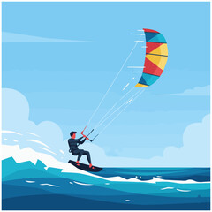 Naklejka premium athlete kitesurfing over waves, wind and motion lines