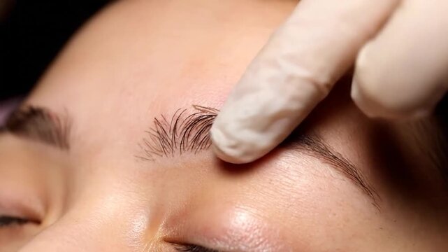 An overhead view of a person receiving eyebrow microblading by gloved hands using a pen tool