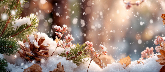 Winter Wonderland with Pinecones and Snowy Branches for Holiday Decor. Winter background