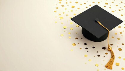 Black graduation cap with gold tassel and confetti. Top view illustration on light background. Ideal design for invitations cards announcements. Perfect for graduation ceremony events celebrations.