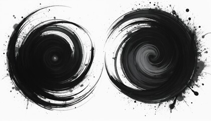 Abstract ink art illustration with spiral swirl design. Two black brush stroke elements with splashes on white background. Creative artistic graphic design.