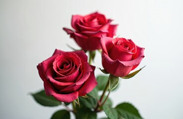 Three red roses with green leaves are shown closeup against plain white background. Their petals are detailed, velvety, with soft focus effect. This romantic floral arrangement suggests love, passion.