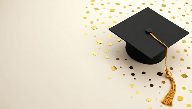 Black graduation cap with gold tassel and confetti. Top view illustration on light background. Ideal design for invitations cards announcements. Perfect for graduation ceremony events celebrations.