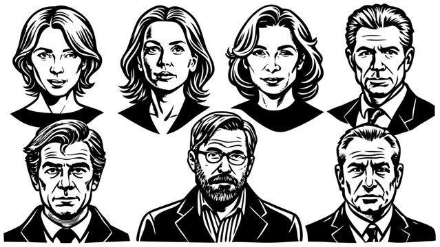 Very beautiful series of 6 avatars drawn with clean black rapidograph lines, depicting middle-aged characters aged 40&ndash;50, a mix of male and female faces, confident expressions, short and medium hairst