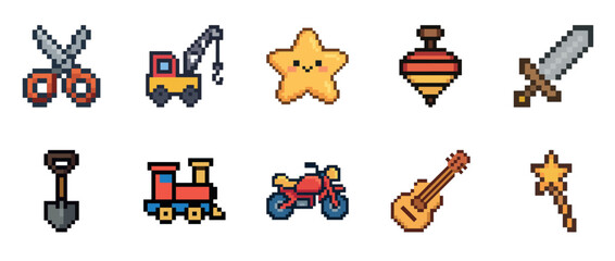 Fototapeta premium Pixel art toys and tools: scissors, truck, star, top, sword, shovel, train, motorcycle, guitar, wand