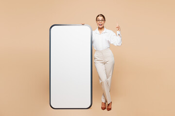 Full body young proactive employee IT business woman corporate lawyer wear white shirt work in...