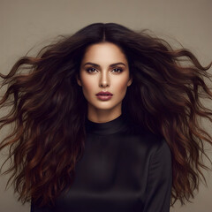 Naklejka premium Beautiful Woman with Voluminous Wavy Hair and Natural Makeup