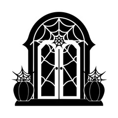 Spooky halloween arched doorway with pumpkins and spiderwebs silhouette isolated on white background