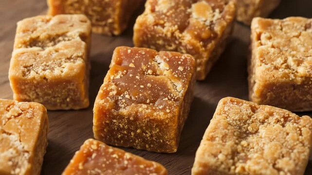 Artisan Jaggery Cubes Unrefined Sugar Treat for Indian Celebrations with Rustic Wood Grain Background and Close-Up Detail