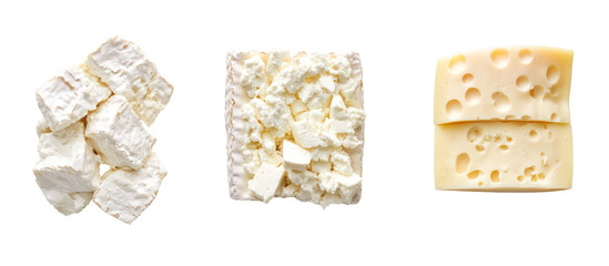 Piles of Swiss, Mozzarella, and Blue Cheese Side by Side Overhead on Transparent Background