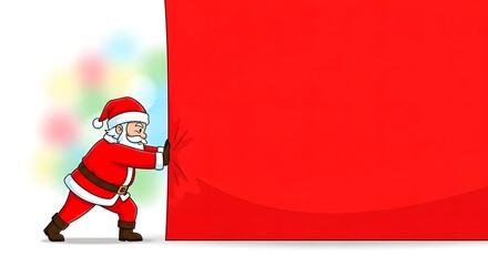 Santa Claus pushing large red wall with colorful background  