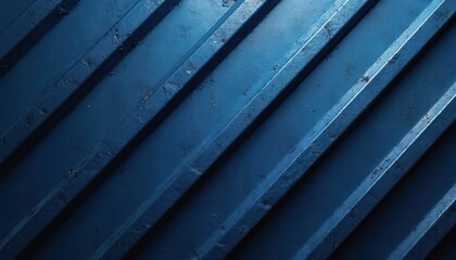 Deep blue metal surface with diagonal ridges and shadows. Textured industrial background offers abstract pattern with rough painted finish and steel elements.