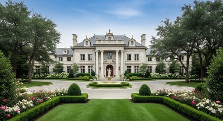 Obraz premium Facade of grand white mansion with fountain and manicured gardens under blue skies. concept for luxury real estate, architectural showcase and high-end property investment