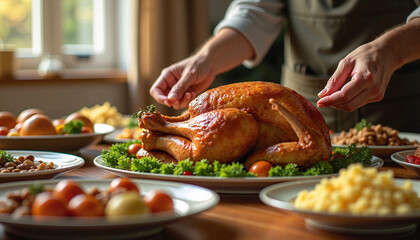 Roast turkey close-up still life in editorial style in golden neutral tones representing homemade celebration cuisine