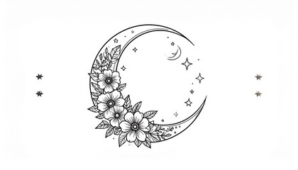 Floral crescent moon with stars illustration