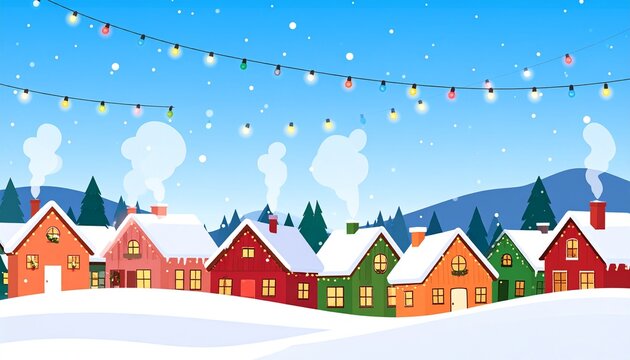 Colorful winter houses with holiday lights and snow