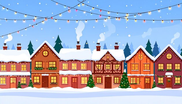 Colorful winter houses with holiday lights and snow - Powered by Adobe