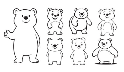 Collection seven cute cartoon bears in various poses, all drawn in simple outline style on