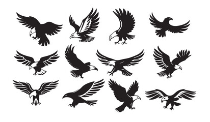Dynamic collection twelve silhouette illustrations eagles in flight, showcasing various wing positions and angles
