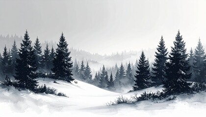 Obraz premium Snowy forest landscape with evergreen trees