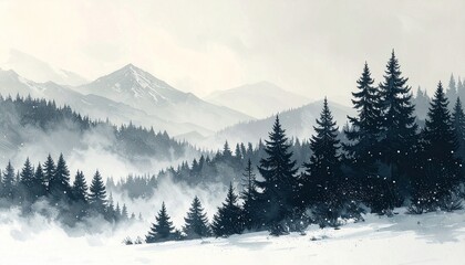 Fototapeta premium Snowy forest landscape with evergreen trees