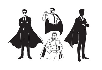 Three stylized superhero figures in silhouette, one standing with arms crossed, another with cape flowing, and third in dynamic pose, representing power and heroism
