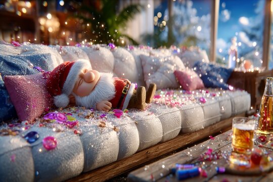Escena c&oacute;mica de resaca navide&ntilde;a en un ambiente festivo con celebraci&oacute;n de Navidad y A&ntilde;o Nuevo