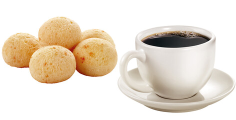 xícara com café expresso acompanhado de porção de pão queijo isolado em fundo transparente 