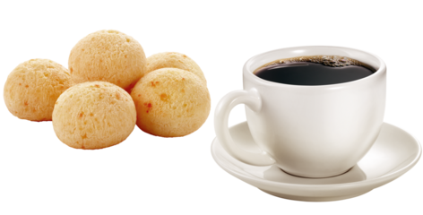 xícara com café expresso acompanhado de porção de pão queijo isolado em fundo transparente 