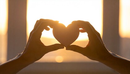 Hands holding a heart shape against sunset