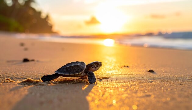 Hatchling turtle on sandy beach at sunset