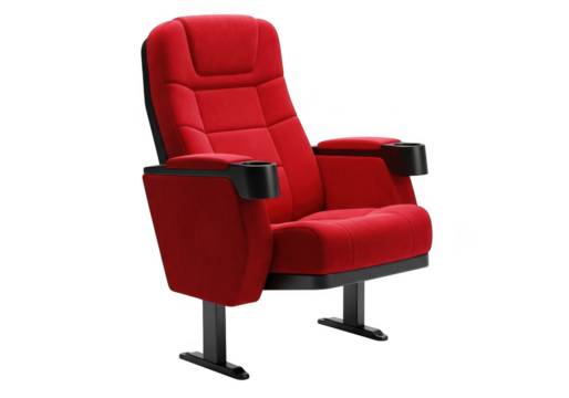 Luxurious plush red theater seat with cup holder offering premium comfort and entertainment experience